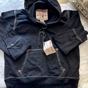 RARE TRUE RELIGION PULL OVER BIG T HOODIE 2XL BLACK SWEATSHIRT MENS